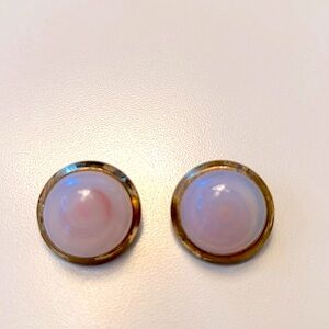 Vintage round clip on earrings milky pinkish center glass stone set in gold tone